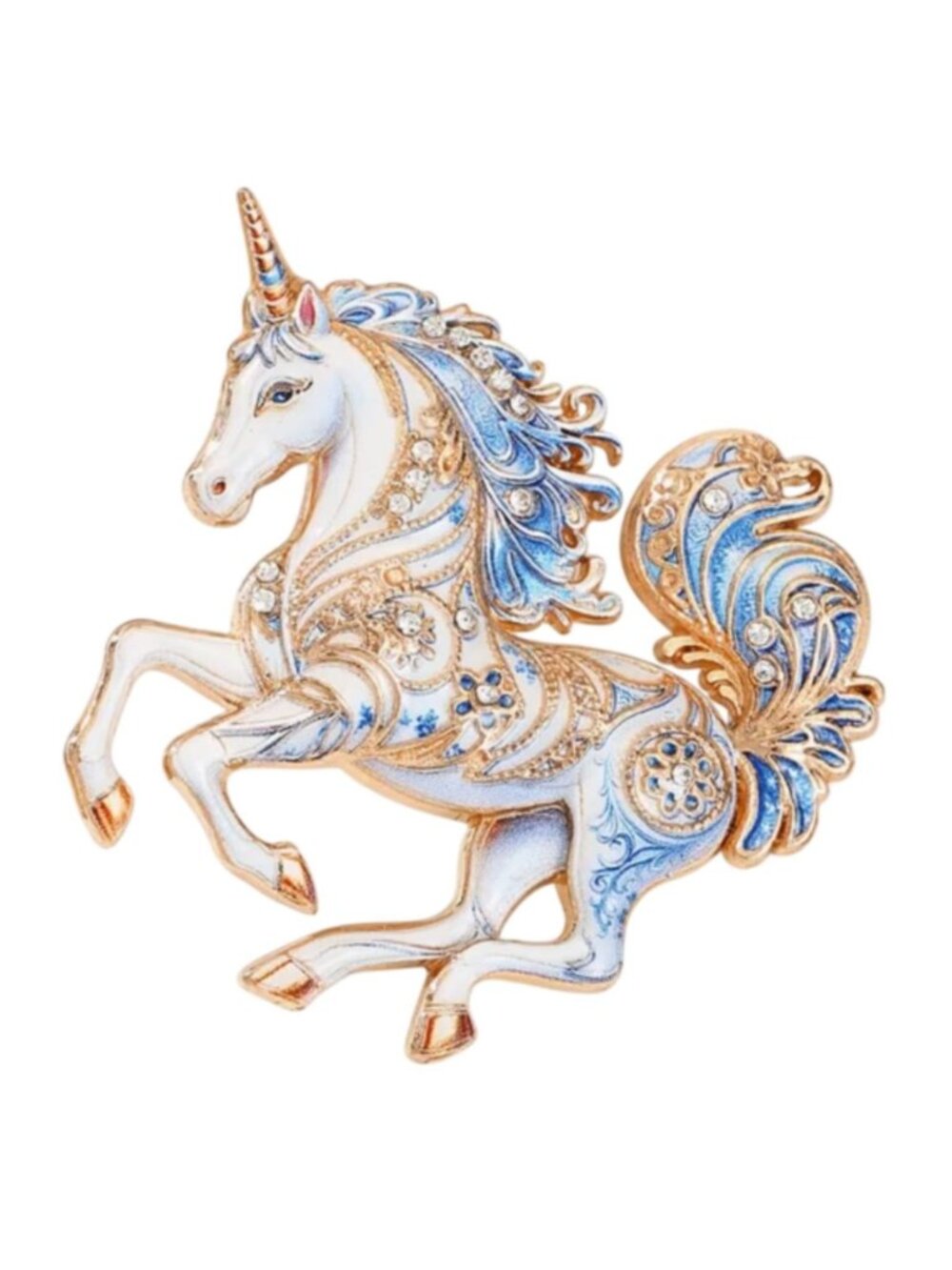 Blue Enamel Unicorn Brooch Pin With Rhinestone Accents Gold-Tone